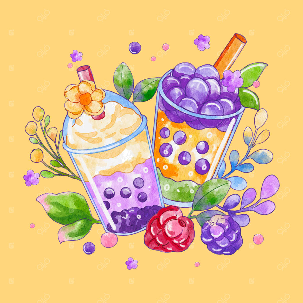 تصویرسازی چای حبابی به سبک آبرنگ