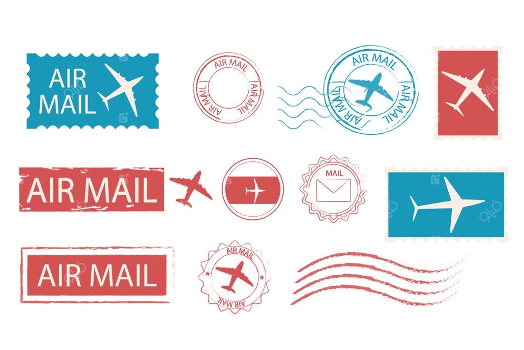 تمبرها و مهر خام پستی هوایی. تزئینات کارت پستی قدیمی و کلاسیک. قالب خالی. متن پست هوایی، مجموعه هواپیماها.