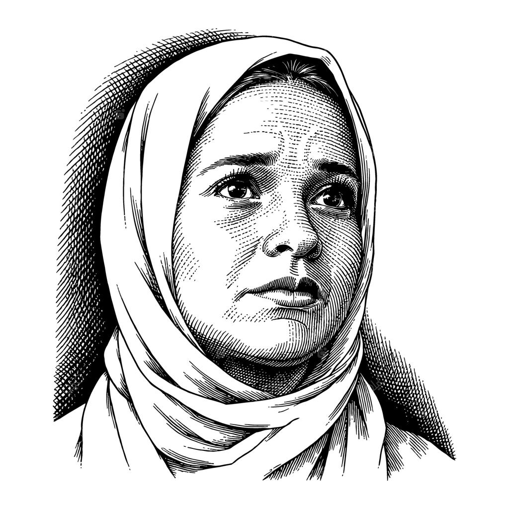 نقاشی خطی سیاه و سفید پرتره دختر باحجاب در حال گریه با نگاه به بالا و چهره‌ای پریشان