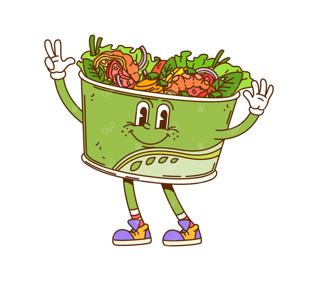 شخصیت کارتونی سالاد فست‌فودی با استایل هیپی و باحال
