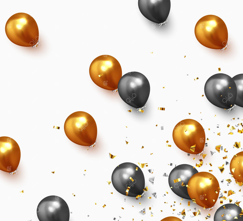 پس‌زمینه جشن با بادکنک‌های هلیومی. پس‌زمینه‌ای با بادکنک‌های واقعی سیاه و طلایی. جشنواره تولد، پوستر، بنر سالگرد شاد. تصویرسازی وکتور.