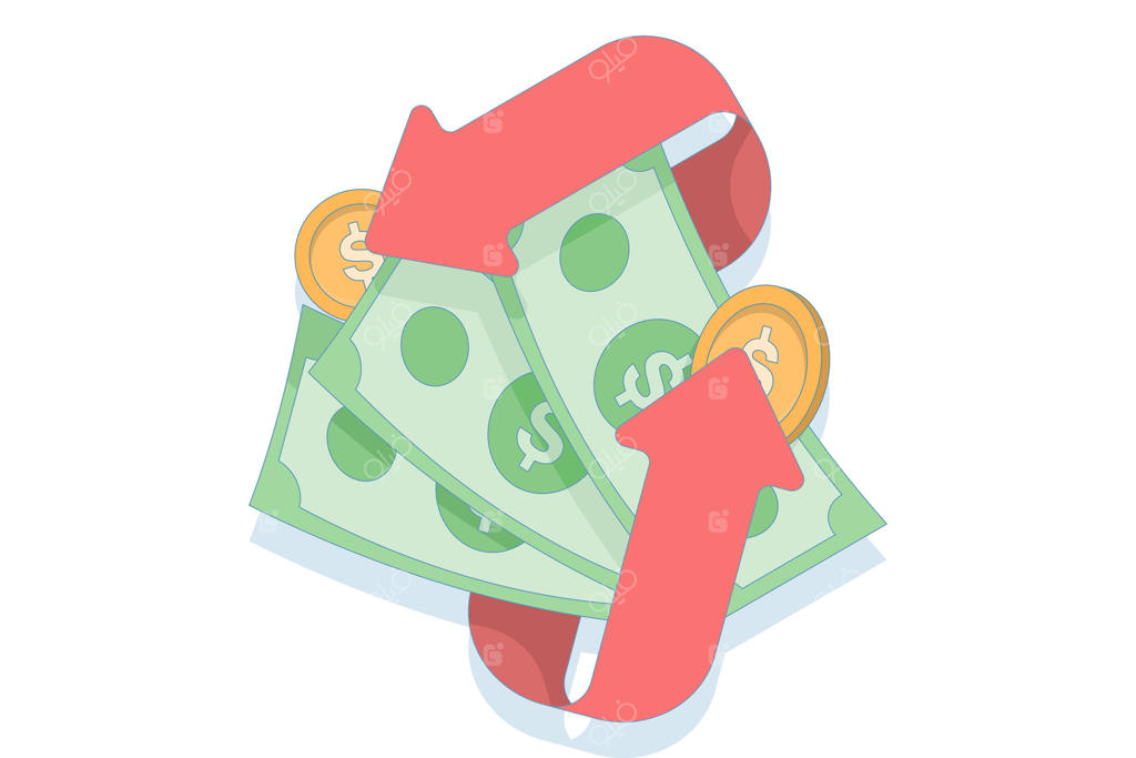 مفهوم اسکناس سبز همراه با سکه‌ها. پول محصور در فلش‌های قرمز خمیده. مفاهیم پول نقد، پرداخت، درآمد و ثروت شامل معاملات مالی، سرمایه‌گذاری، اقتصاد، تجارت و بانکداری.