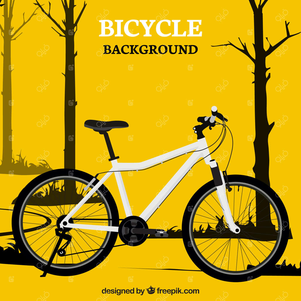 دوچرخه زرد و پس‌زمینه درختان