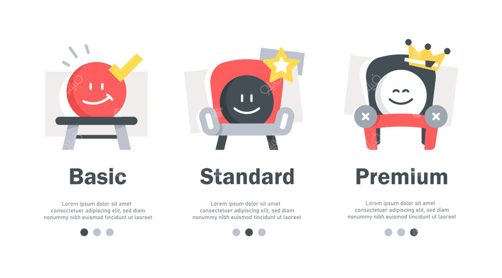 مفهوم ارتقای خدمات، سه گزینه، اشتراک پایه، حساب استاندارد، طرح ویژه، بهبود تجربه، پیشنهاد بهتر، ایموجی روی مبل راحتی