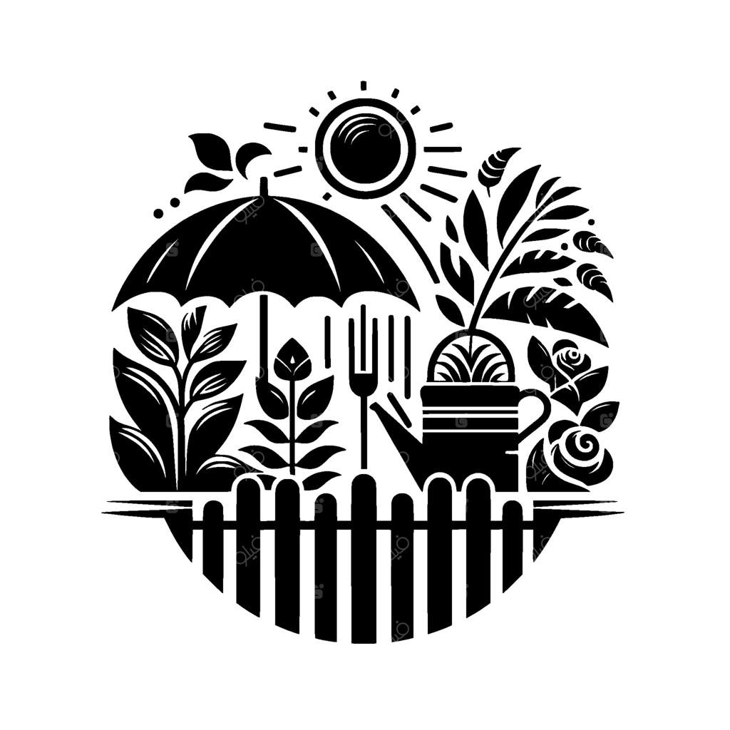 تصویرسازی باغ با چتر سیاه و سفید، خورشید، گیاهان، آبپاش، گل رز، فنس، هنر مینیمالیستی