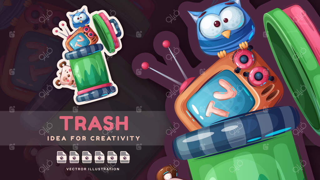 شخصیت کارتونی حیوان در سطل زباله