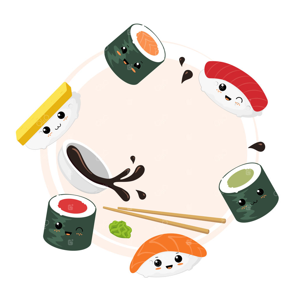 رول‌های سوشی و ساشیمی کاوایی در کنار سس سویا، واسابی و چاپ‌استیک‌ها در حال چرخیدن هستند