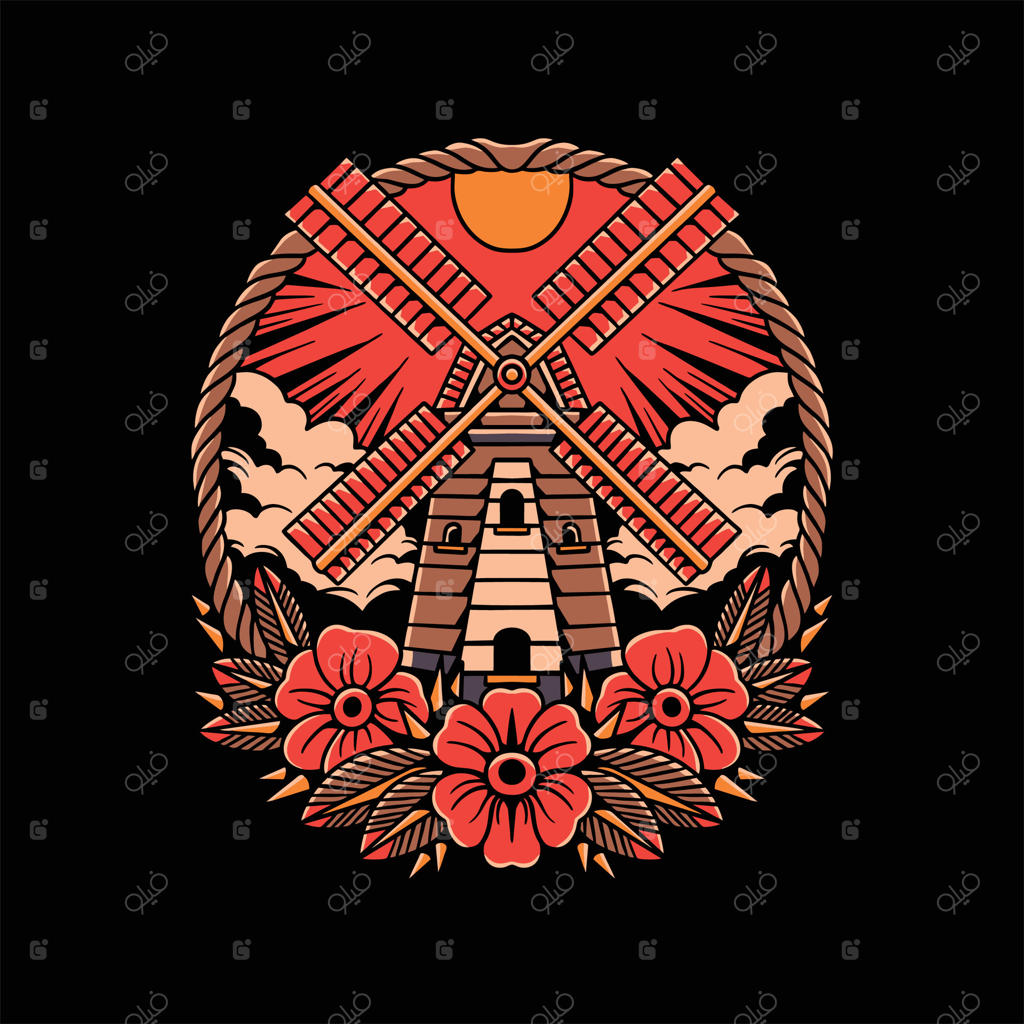 طرح وکتور تاتو آسیاب بادی بزرگ