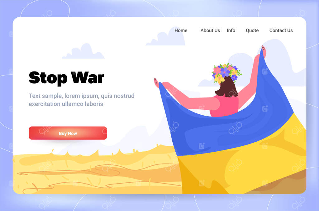 زن معترض با پرچم اوکراین: دعا برای صلح و نجات اوکراین از روسیه، توقف جنگ - تصویر وکتور، افقی و بدون متن