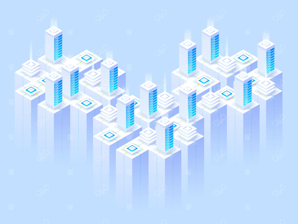 خدمات میزبانی، مرکز داده، اتاق سرور، قالب صفحه با موضوع فناوری اطلاعات - تصویر ایزومتریک