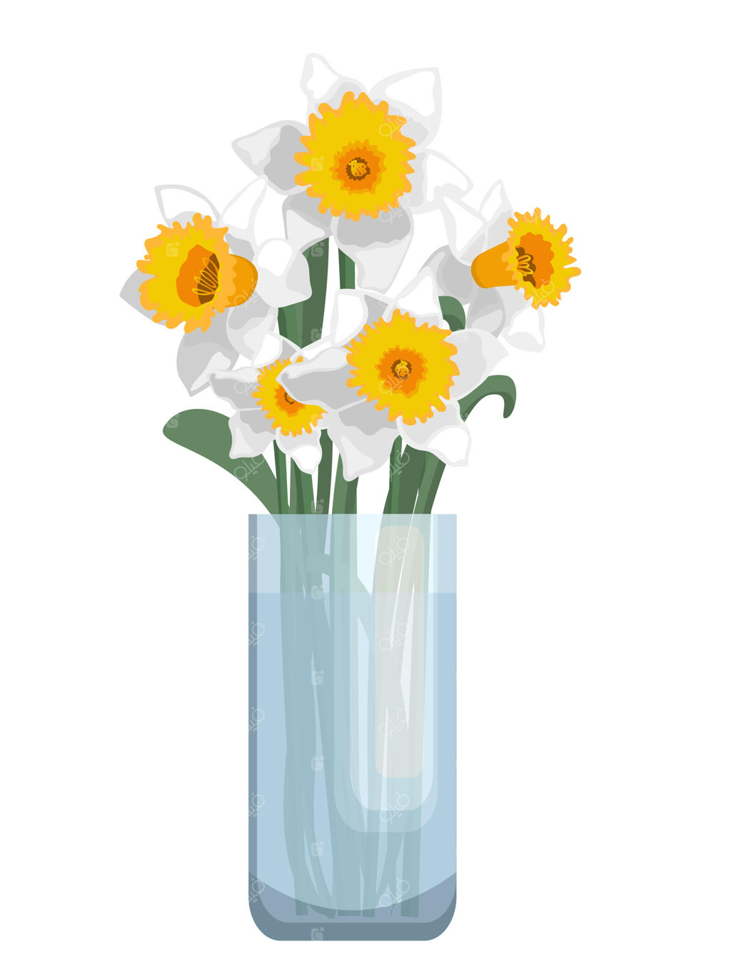 دسته گل نرگس‌های سفید و زرد در گلدان شیشه‌ای، جدا شده بر روی پس‌زمینه سفید.