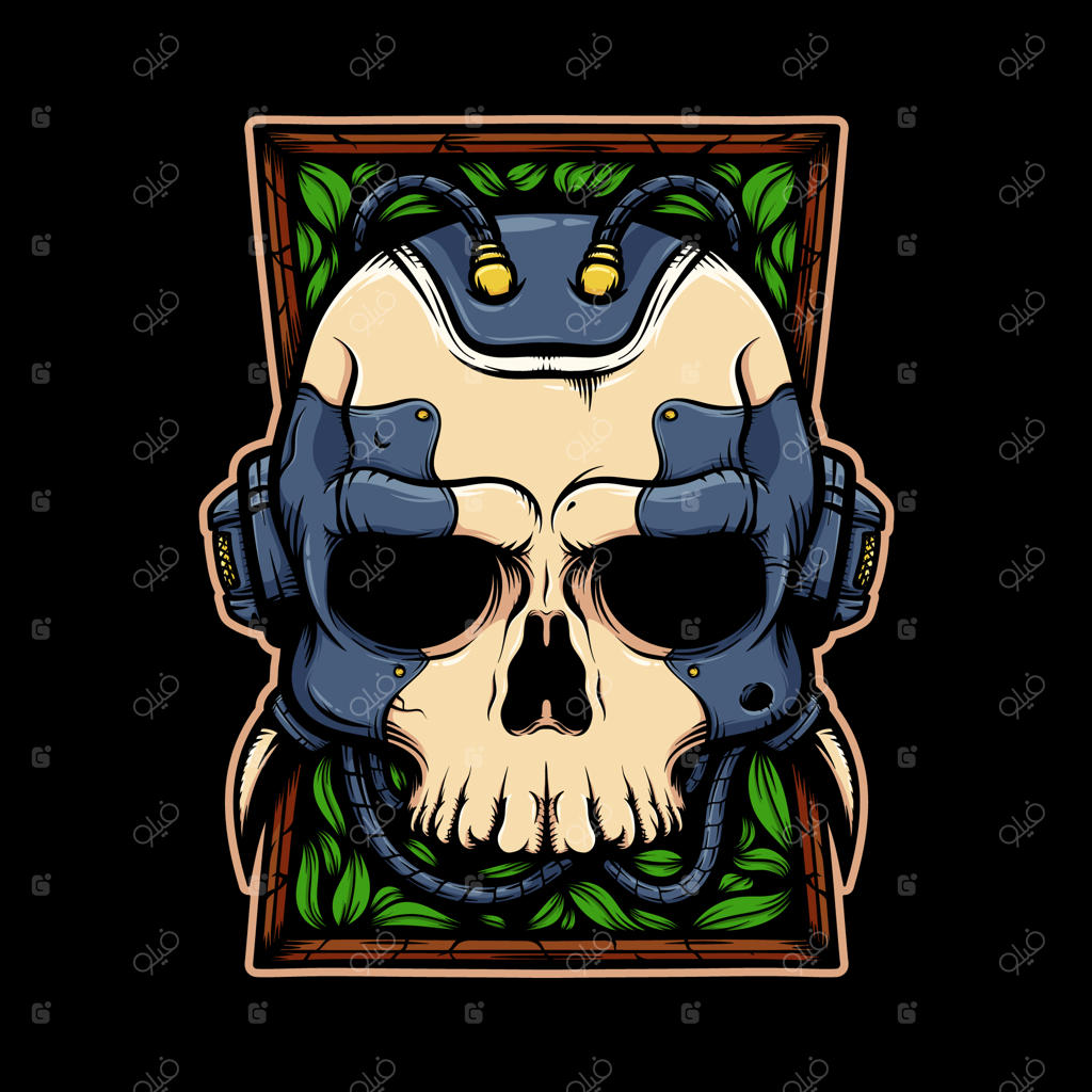 تصویر جمجمه سایبورگ با پس‌زمینه‌ای از برگ‌ها