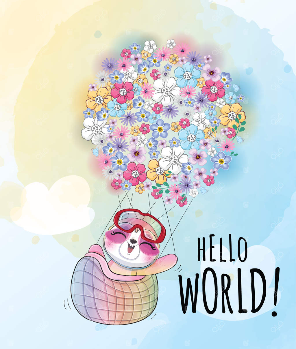 تصویر تنبل کوچولوی بامزه در حال پرواز با گل‌ها - شخصیت تنبل آبرنگی بامزه