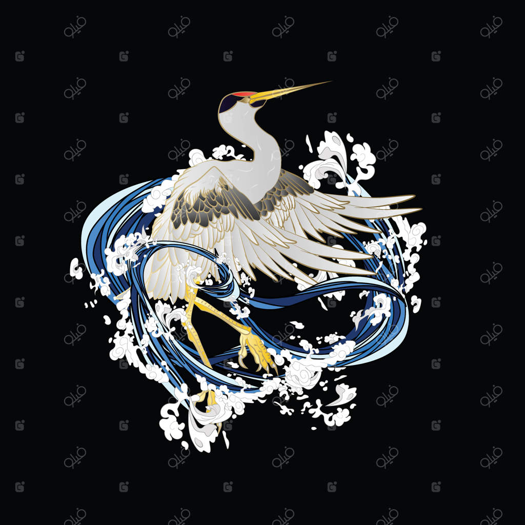 طراحی تصویر جرثقیل برای سوکاجان به معنی لباس یا تی‌شرت سنتی ژاپنی و لوگو است.