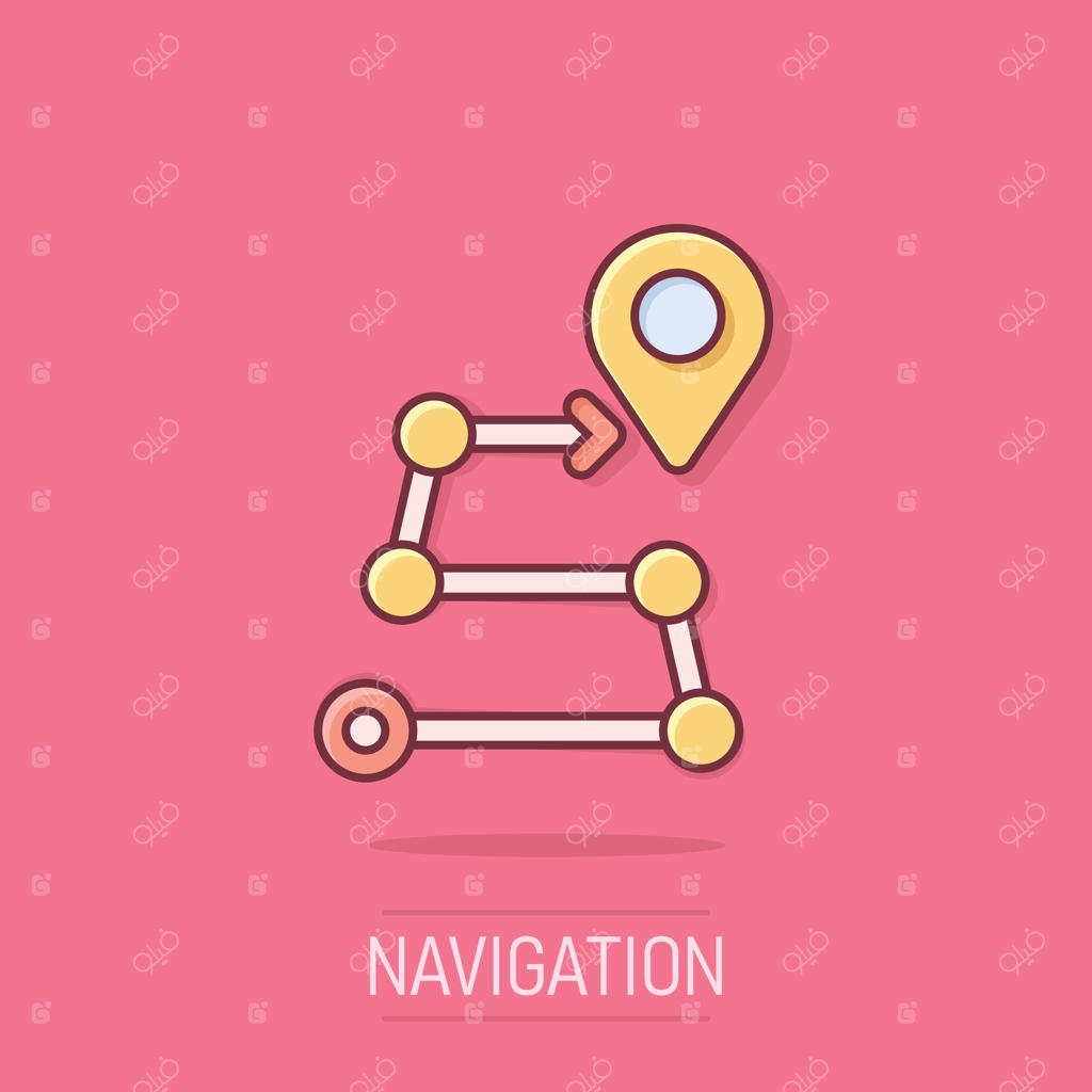 آیکون مکان‌نما به سبک کمیک. تصویرسازی کارتونی از GPS برای ناوبری، بر روی پس‌زمینه مجزا. یافتن موقعیت با افکت پراکندگی - مفهوم کسب‌وکار.