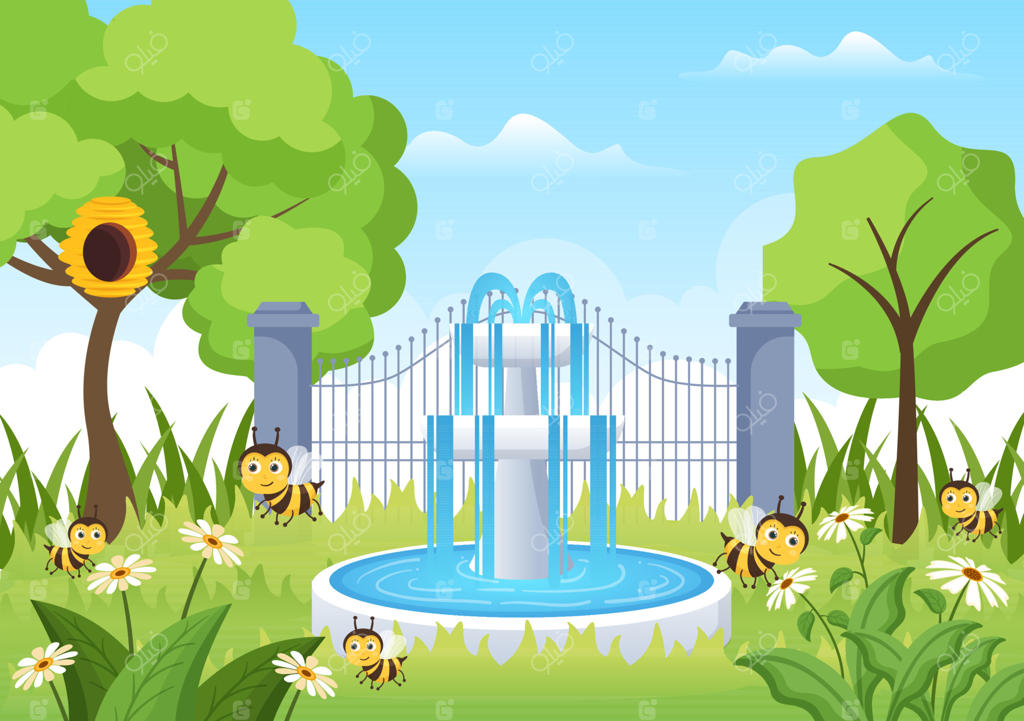 تصویر پس‌زمینه کارتونی باغ زیبا با مناظر طبیعی گیاهان، حیوانات متنوع، گل‌ها، درختان و چمنزار سبز در سبک طراحی تخت