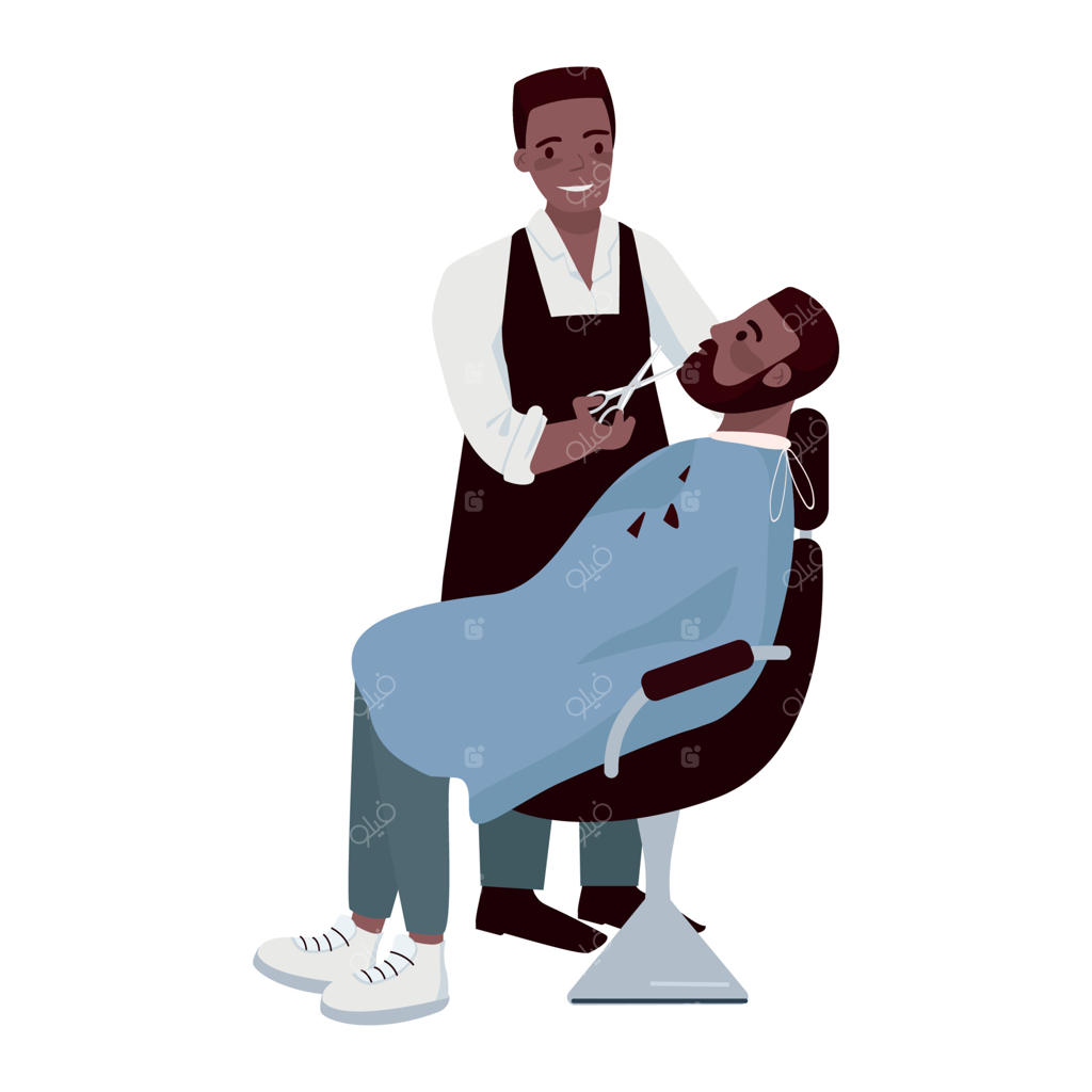 آرایشگر جوان در حال اصلاح ریش مرد - شخصیت‌های وکتور با رنگ‌های نیمه تخت. تصویر کارتونی ساده برای طراحی وب و انیمیشن