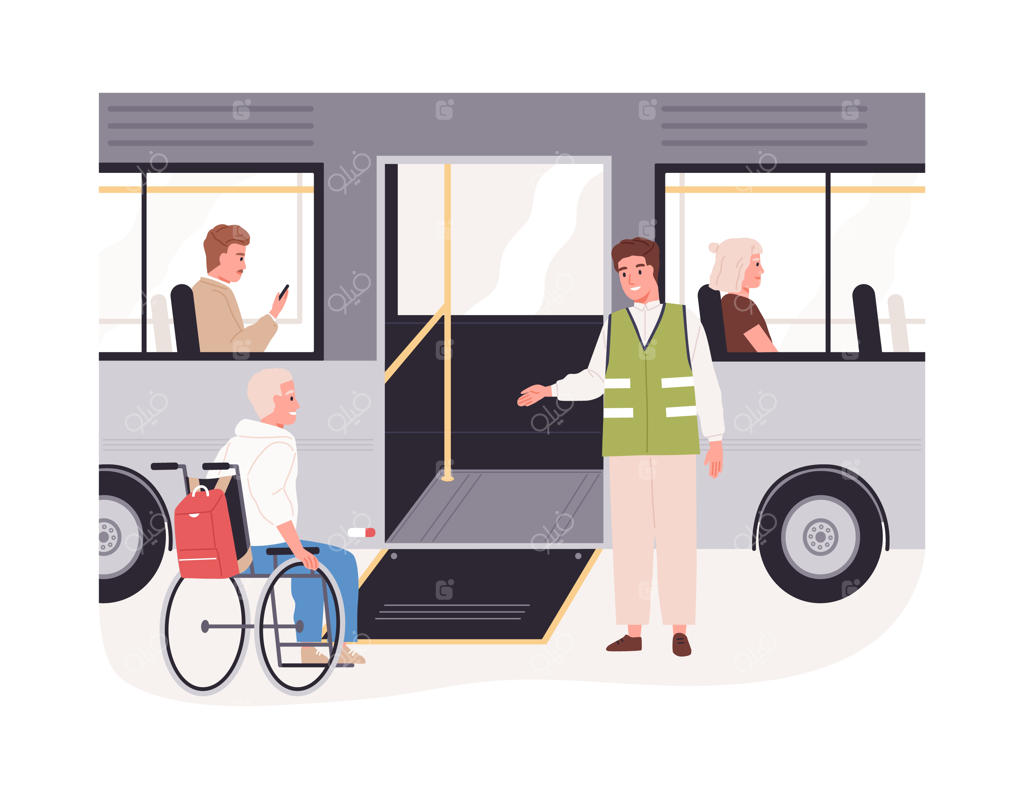 سوار شدن مسافر معلول در ویلچر به اتوبوس با کمک رمپ. محیط شهری دوستانه برای افراد با ویلچر. تصویرسازی تخت از فرد ناتوان روی زمینه سفید.