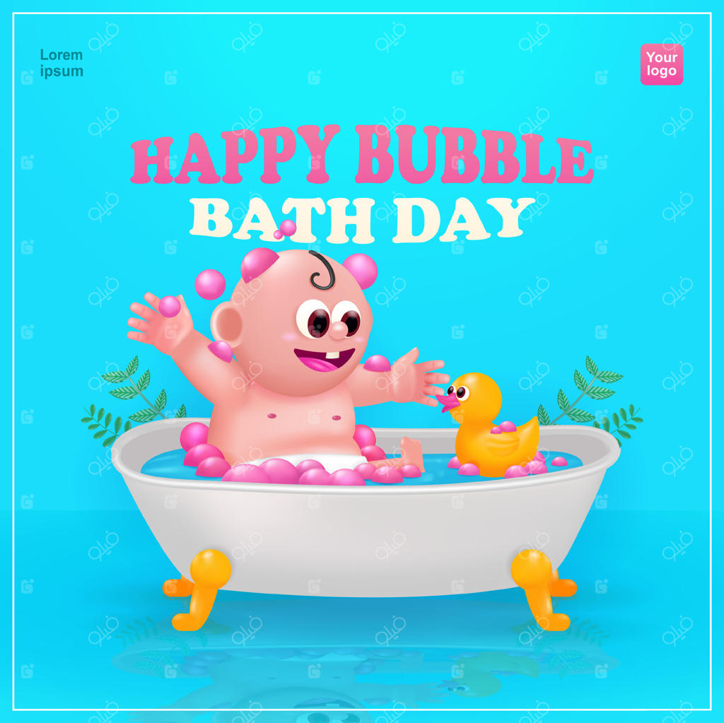روز جهانی وان حمام مبارک! عشق کوچولو از وان حباب‌دار با اردک بازی لذت می‌برد. طراحی سه‌بعدی مناسب برای رویدادها.