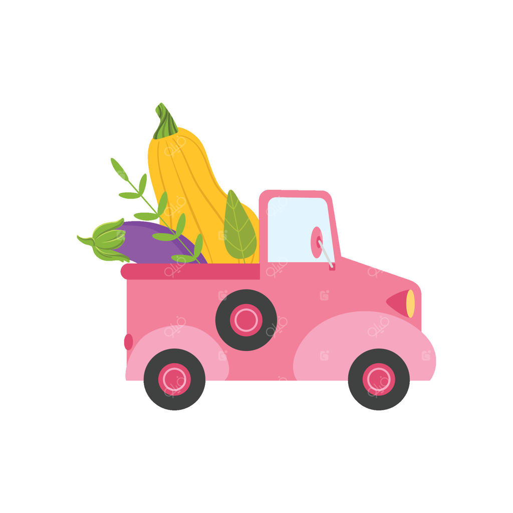 کامیون صورتی بامزه با کدو سبز و بادمجان بزرگ، نمای کناری، تحویل مواد غذایی، ارسال سبزیجات تازه باغ، تصویرسازی