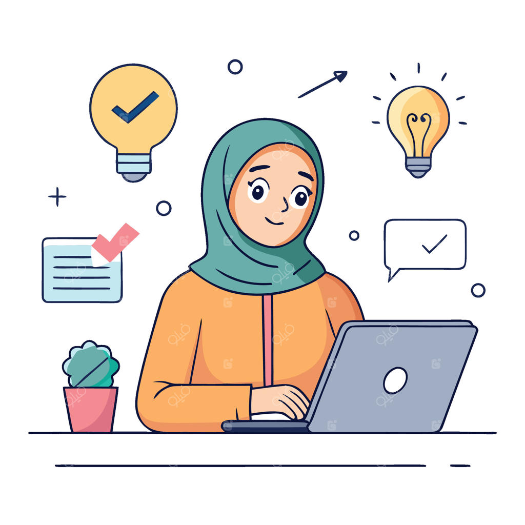 زن مسلمان در حال کار با لپ‌تاپ و ایده‌پردازی
