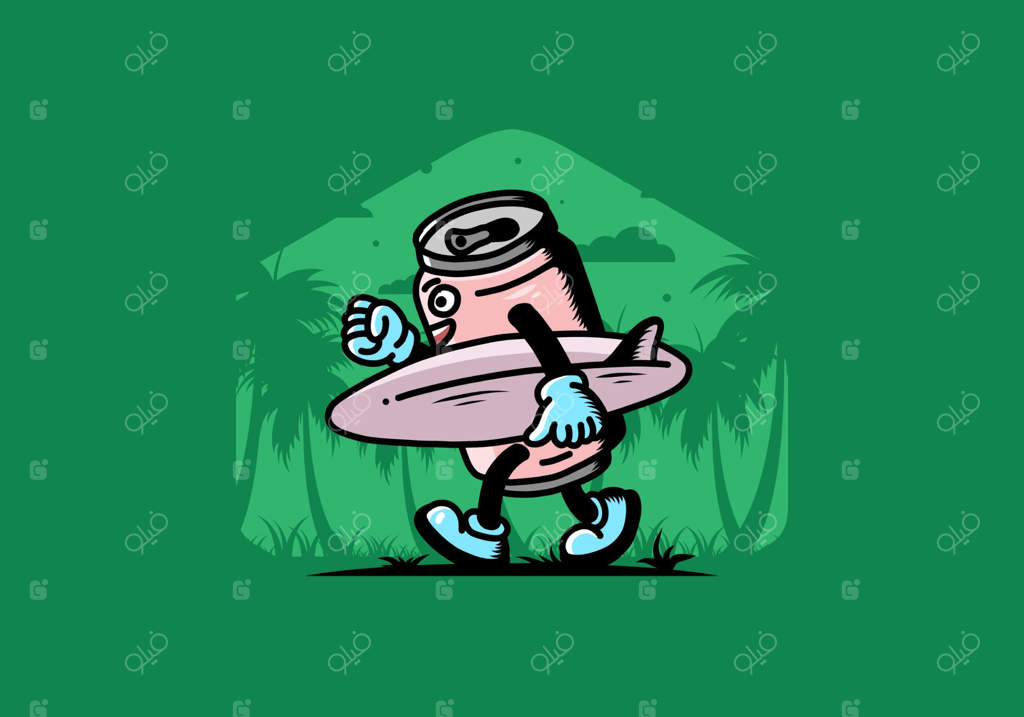 تصویرسازی یک قوطی نوشیدنی که تخته موج سواری در دست دارد