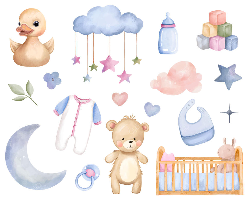 لوازم و اسباب‌بازی‌های کودک با آبرنگ. ست دست‌ساز اتاق نوزاد در رنگ‌های پاستلی. خرس عروسکی، تخت و اردک