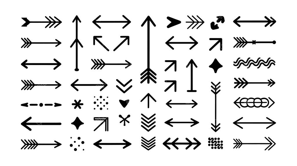 مجموعه آیکون فلش؛ سری فلش‌های مشکی در سبک‌ها و اندازه‌های متنوع از ساده تا پیچیده