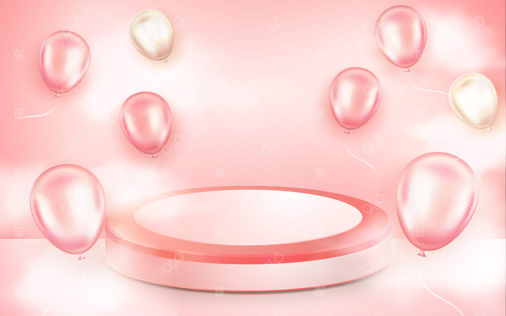 پودیوم صورتی واقع‌گرایانه با بادکنک سه‌بعدی برای نمایش محصولات عاشقانه