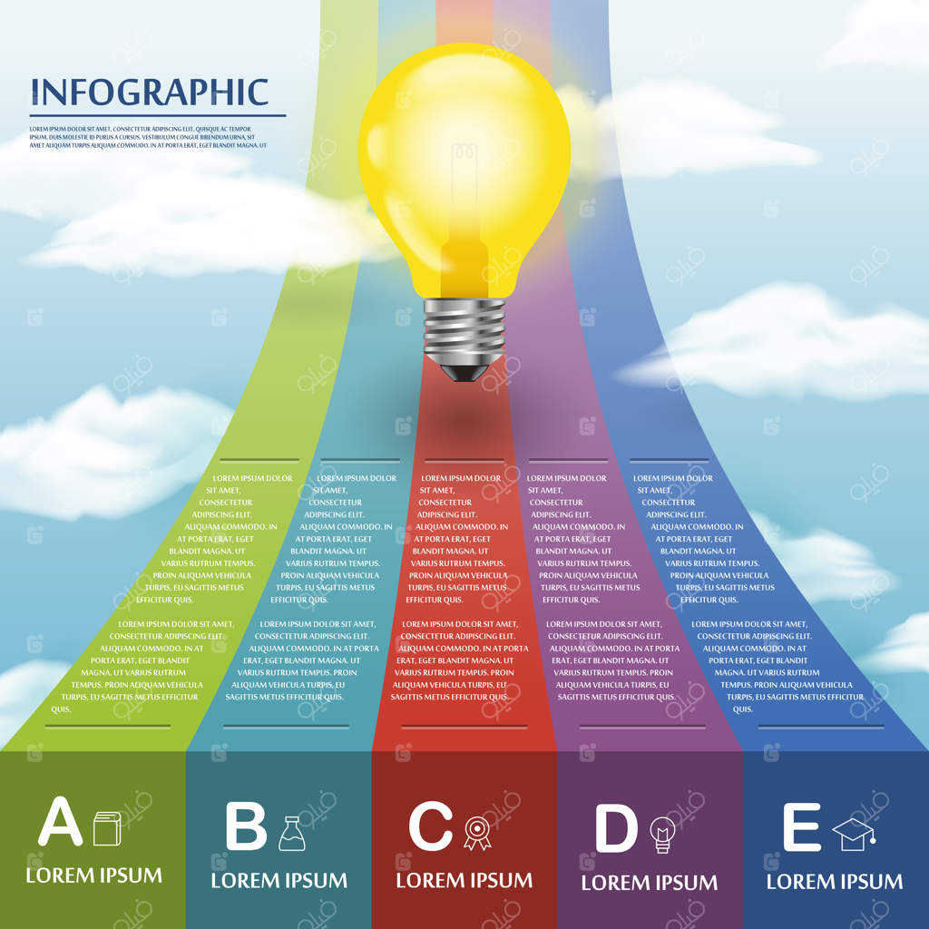 طراحی قالب اینفوگرافیک آموزشی با لامپ و بنرهای رنگارنگ