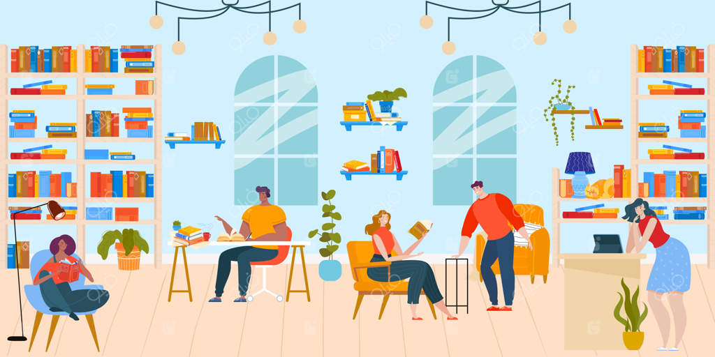 کتاب‌خوانی در کتابخانه: تصویرسازی وکتور تخت. شخصیت‌های کارتونی کتاب‌دوست خوشحال نشسته بر روی صندلی‌ها و پشت میزها