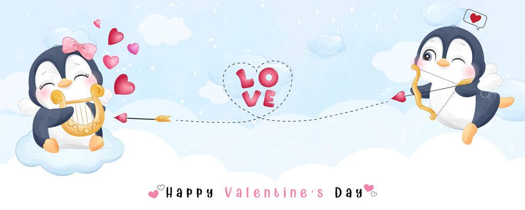 پنگوئن نقاشی شده بامزه برای مجموعه روز ولنتاین