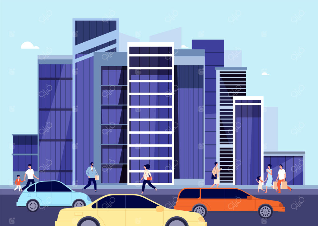 نمای شهری مدرن: مردم در مرکز شهر، خودروها در جاده، عابران پیاده و فروشگاه ها