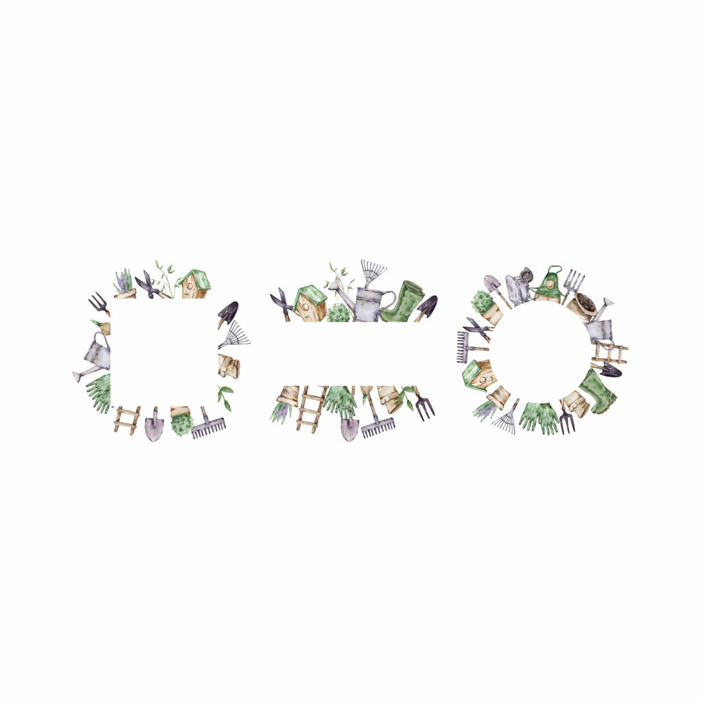 مجموعه قاب‌های باغ آبرنگی با ابزار باغبانی