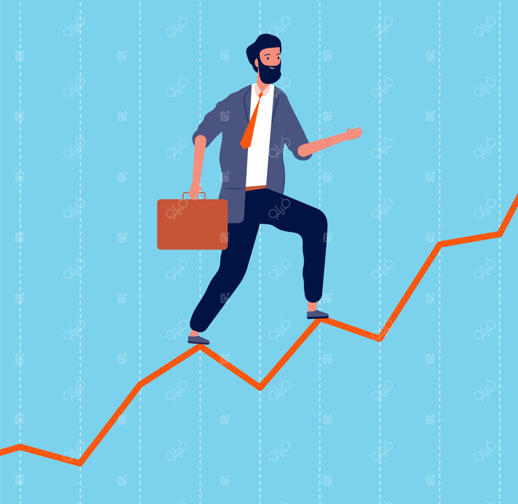 رشد کسب‌وکار: مدیر در مسیر پیشرفت شغلی و صعود در نمودار رشد حرفه‌ای. استراتژی حرفه‌ای برای موفقیت شغلی.