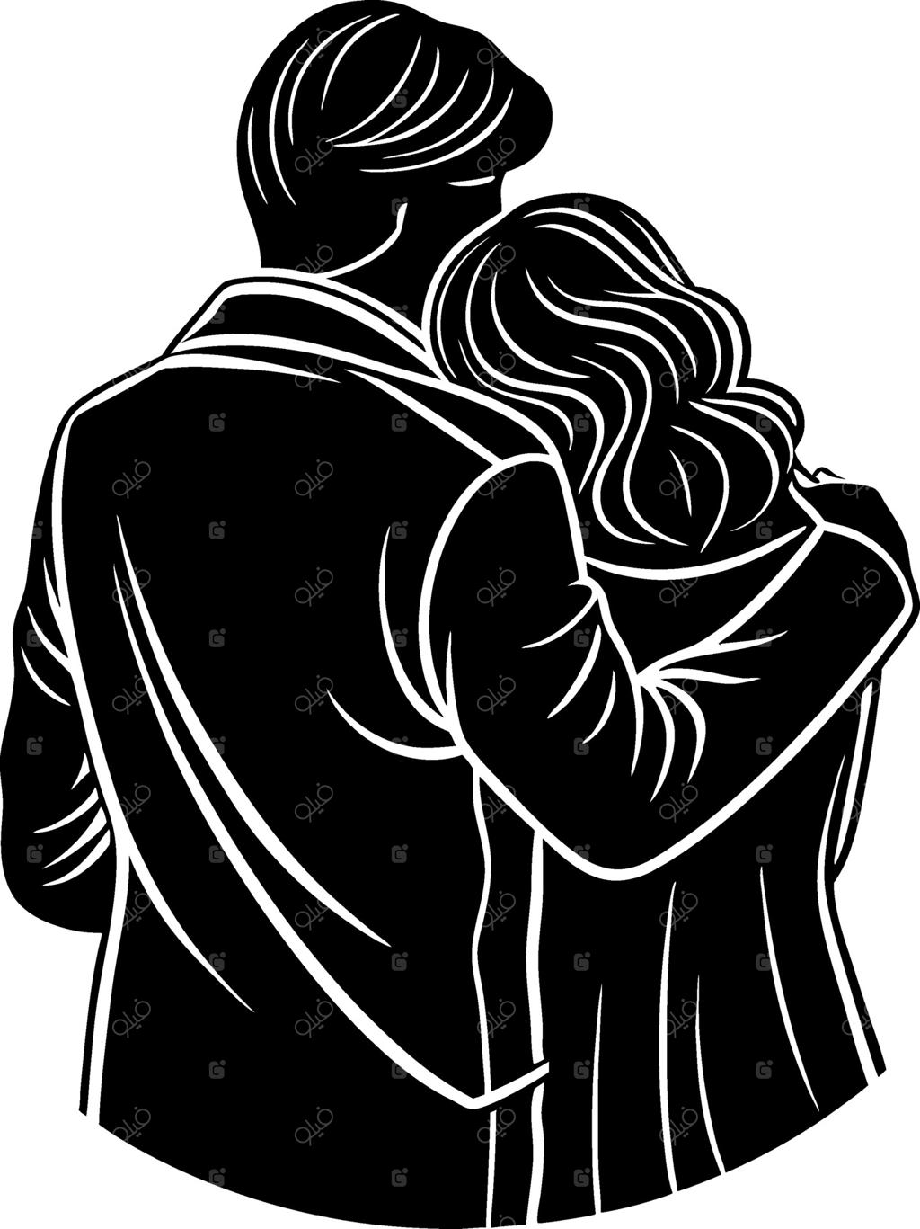 سیلوئت عاشقانه زوج در آغوش هم از پشت برای تصویرسازی و پروژه‌های دکوراتیو