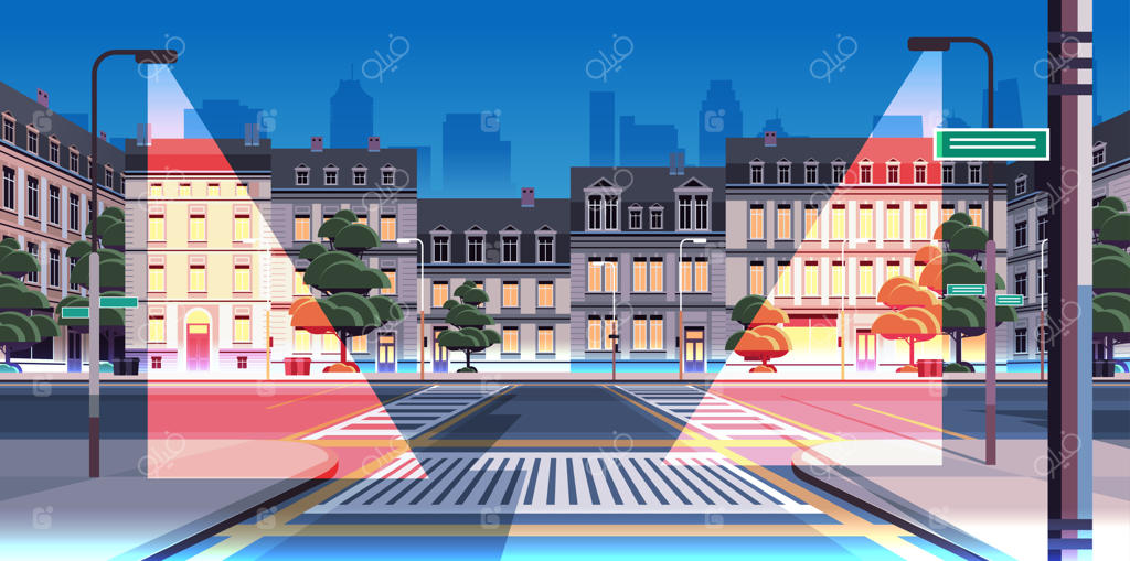 خیابان شبانه شهر با نمای بیرونی ساختمان‌های مدرن - تصویرسازی افقی شهری