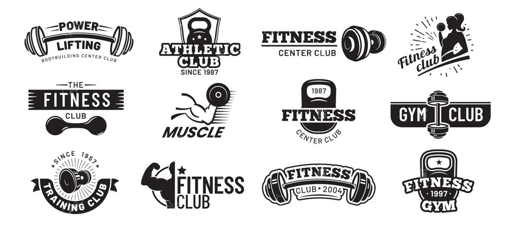 نشان‌های باشگاه: مجموعه برچسب‌ها و آرم‌های بدن‌سازی و بدنسازی با طرح‌های زیبا و سیلوئت‌های هنری عضلات ورزشکاران