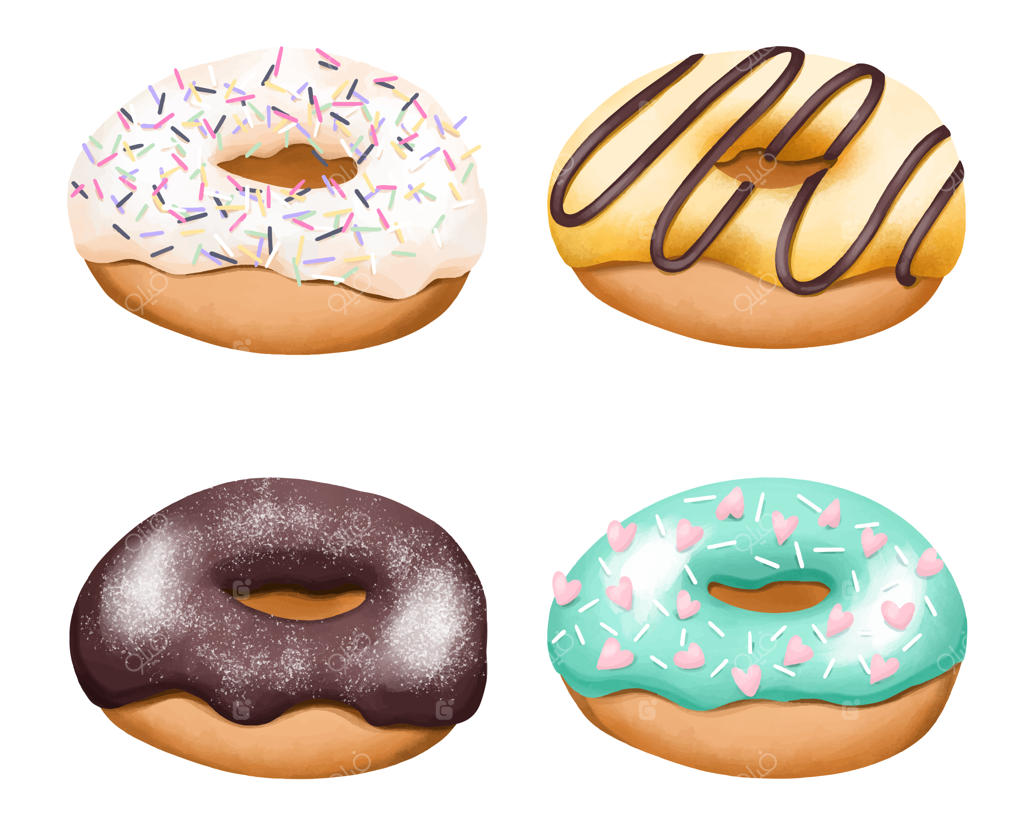 مجموعه‌ای از دونات‌های گرد و رنگارنگ، کلیپ‌آرت دونات آبرنگی