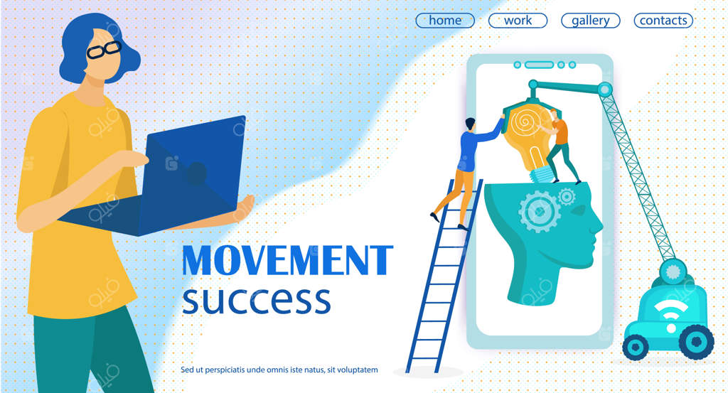 صفحه فرود موفقیت‌آمیز بروشور اطلاع‌رسانی: کمک به کارمندان در رفع موانع کسب‌وکار برای بهبود عملکرد شرکت. زنی با لپ‌تاپ. تصویرسازی.