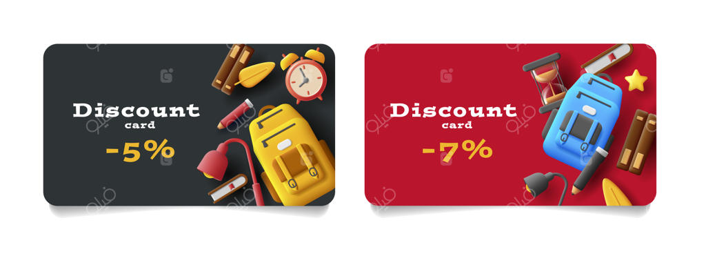 قالب کارت تخفیف تبلیغاتی با تصویرسازی سه بعدی لوازم مدرسه