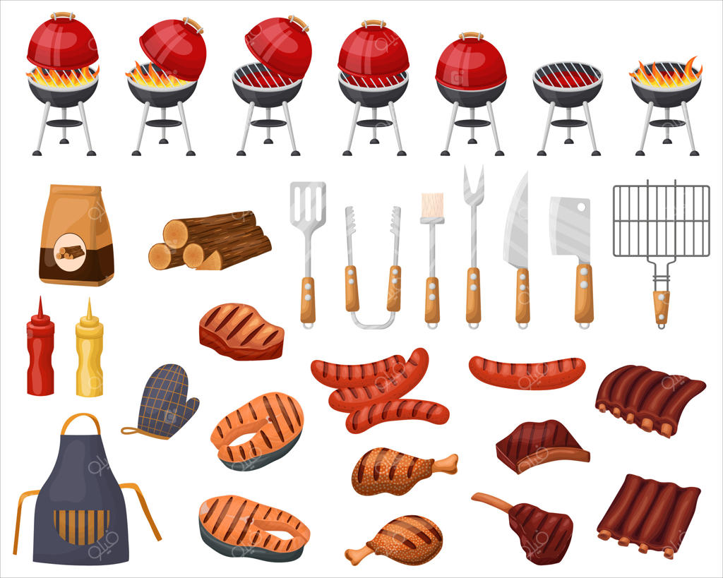 مجموعه‌ای از مواد غذایی و لوازم باربیکیو، وسایل مهمانی باربیکیو. گریل‌های فضای باز، گوشت کباب شده، مجموعه‌ای از تجهیزات برای پیک‌نیک کبابی