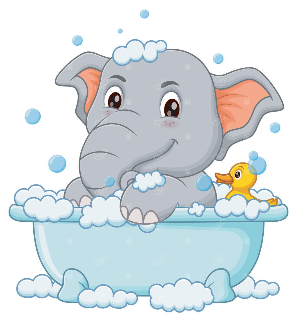 فیل کارتونی بامزه در حال حمام در وان؛ طرح آیکون طبیعت و حیوانات