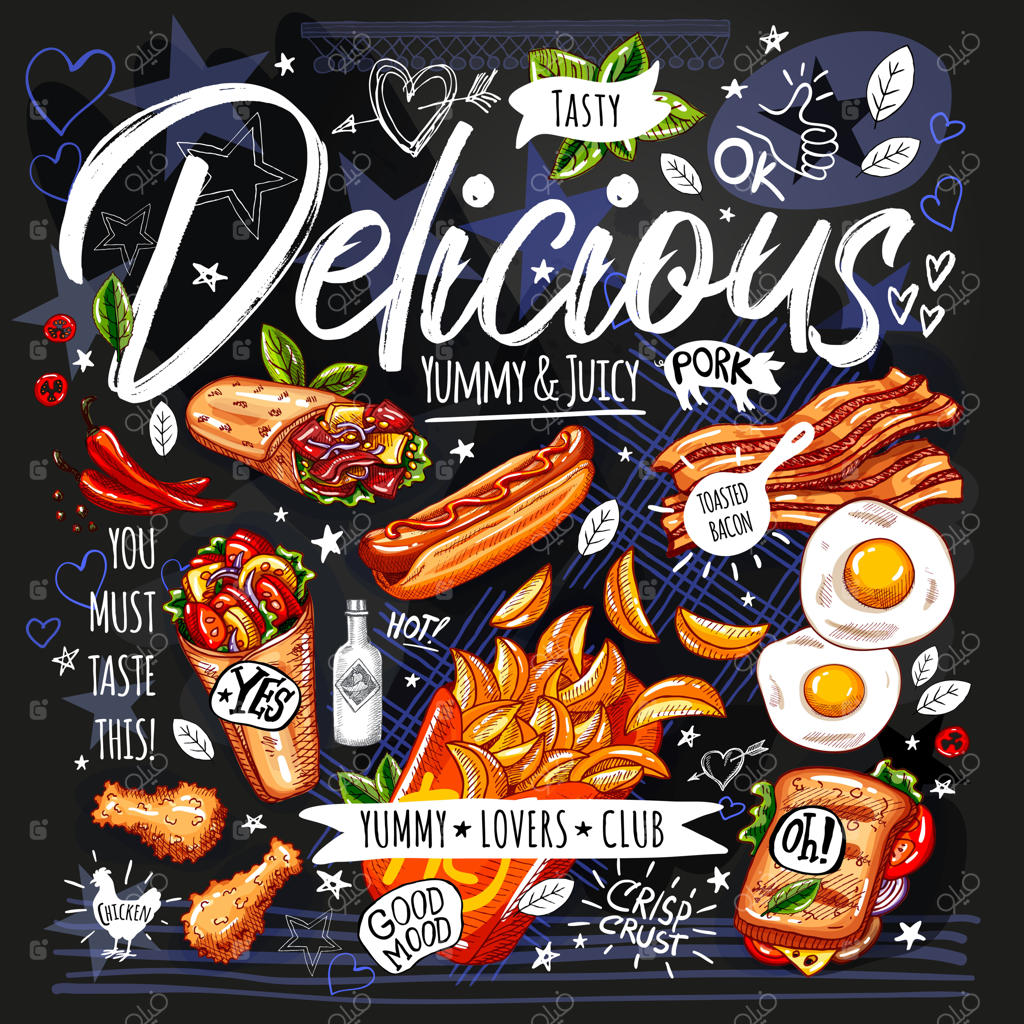 غذاهای فوری: منو فست‌فود - برگر، پیتزا، ساندویچ، رول مرغ، سیب‌زمینی، هات‌داگ، کباب، بی‌بی‌کیو