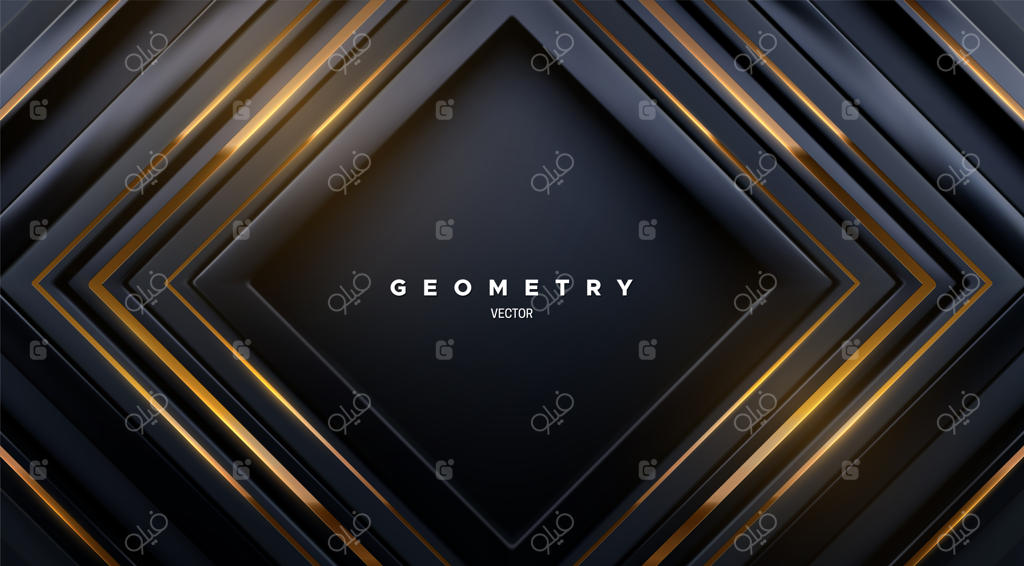 پس‌زمینه هندسی انتزاعی با قاب‌های مربعی مشکی و نوارهای طلایی