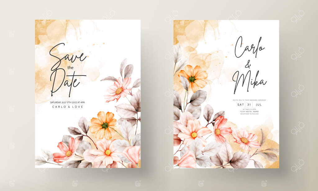 کارت دعوت عروسی زیبا با طرح گل در رنگ مرجانی