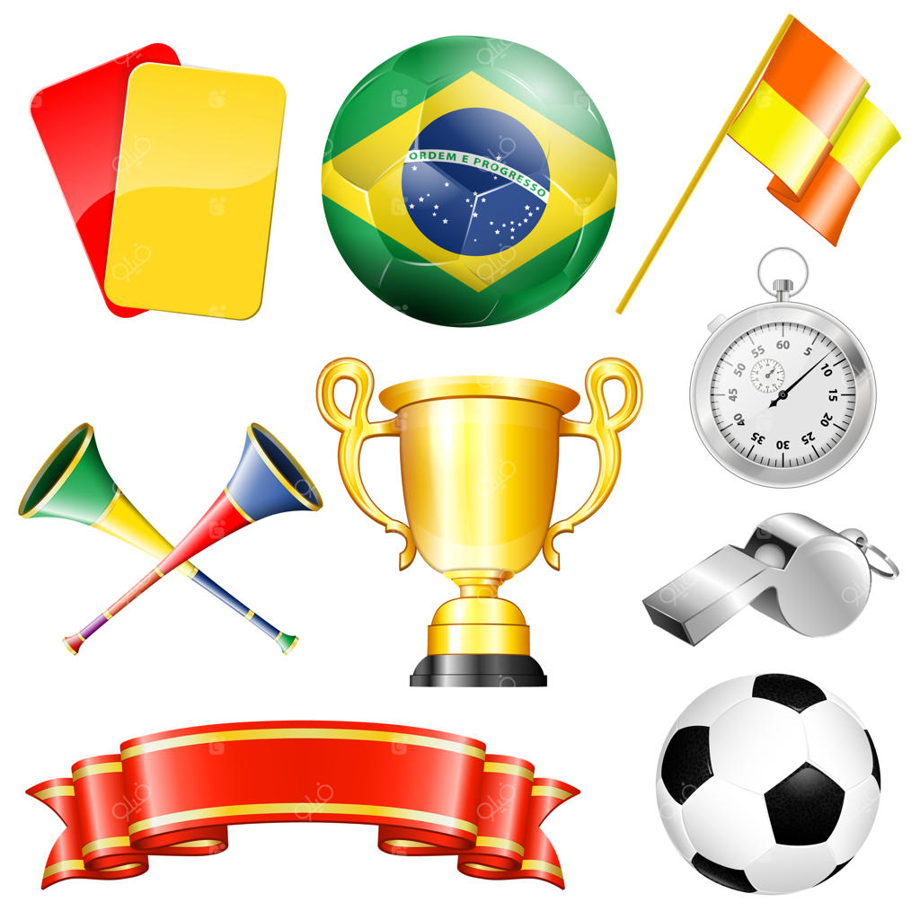 مجموعه‌ای از عناصر فوتبال: توپ، جام، روبان، کارت‌ها، سوت