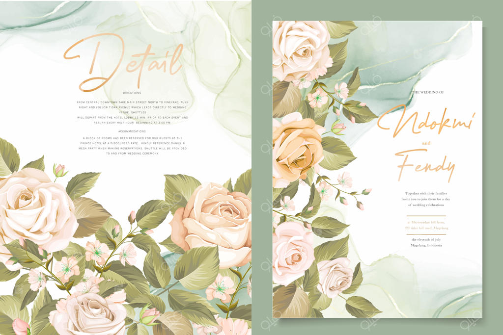 مجموعه کارت دعوت عروسی با طراحی دستی گل‌های رز زیبا