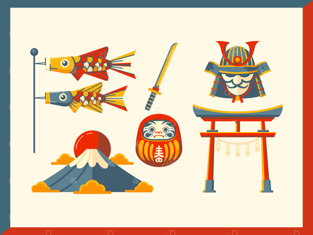 سفر به ژاپن: کونوبوری، توری، داروما و کوه فوجی به زبان کارتونی. مناسب برای مناسبت‌ها و تعطیلات