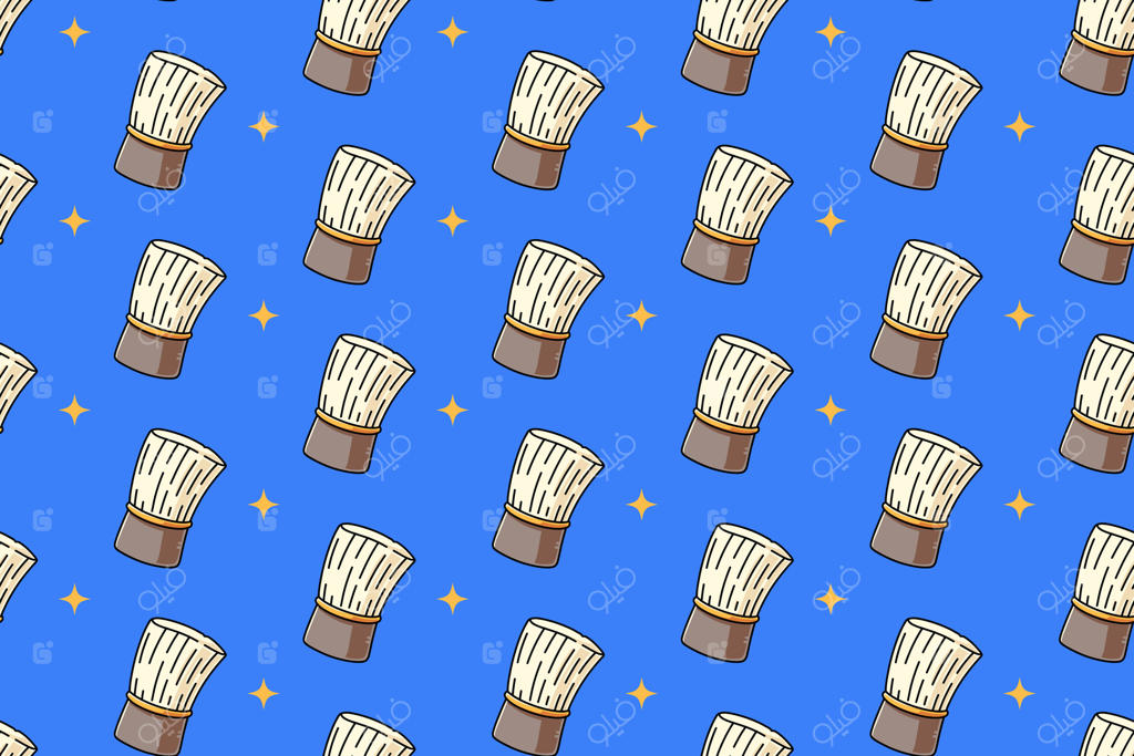 پترن یکپارچه رنگارنگ برس اصلاح با ستاره روی زمینه آبی. پترن طراحی شانه سلمانی با نور پس‌زمینه. پس‌زمینه برس سلمانی برای محصولات آرایشگاه